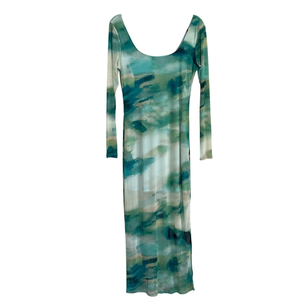 As U Wish‎ Teal Green Abstract Watercolor Mesh Maxi Dress Long Sleeve Large